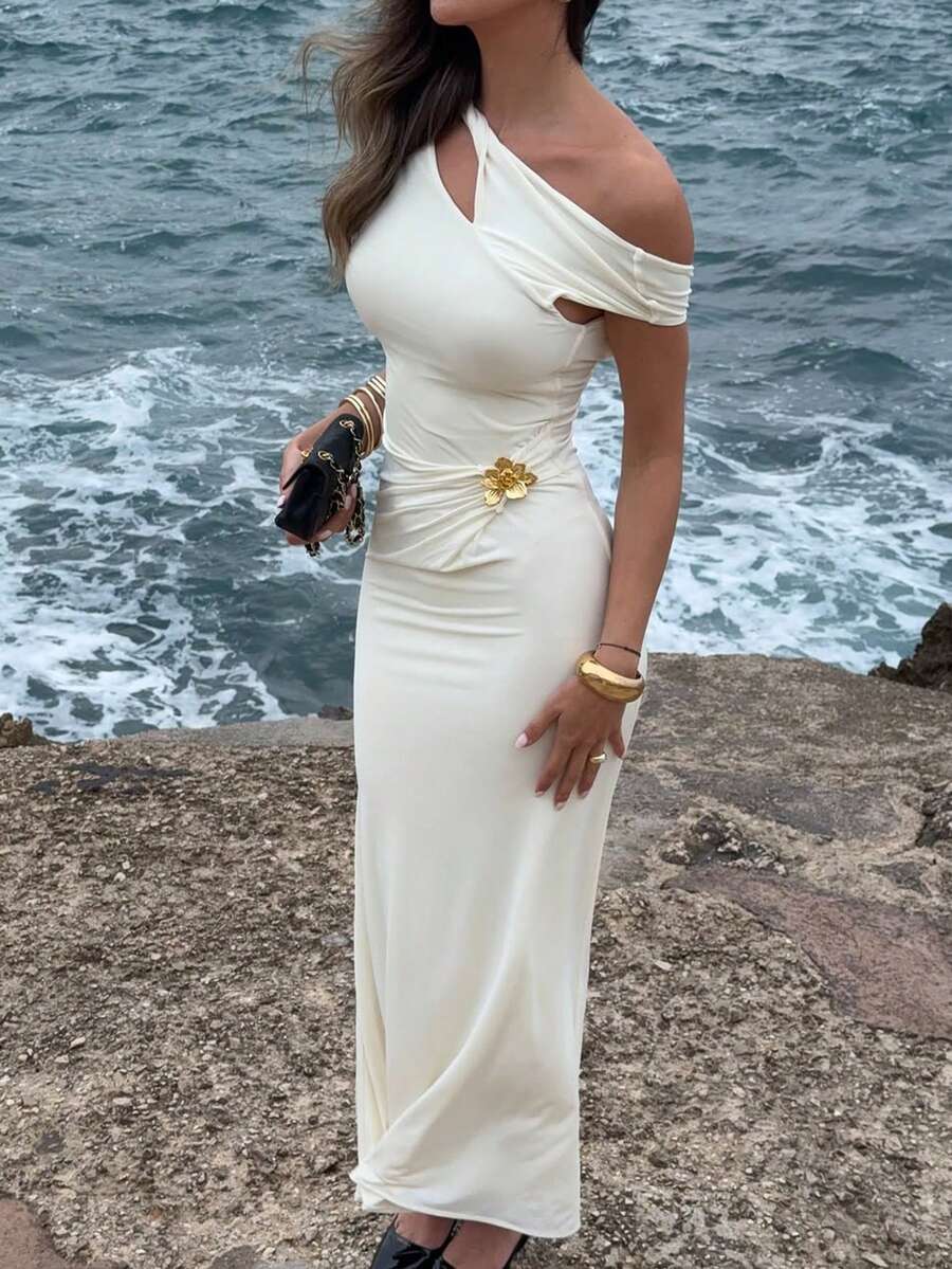 女士优雅性感扭结镂空不对称露背连衣裙 - 杏色 - 查看 1