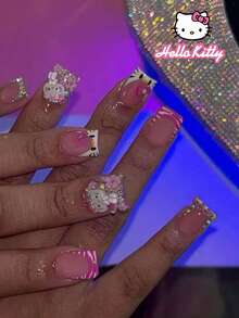 SANRIO 24片短方形3D闪粉凝胶美甲贴纸，包含可爱的3D蝴蝶结、花朵、水钻和豹纹装饰，粉色少女风，完美贴合假指甲，内含1瓶胶水和1个指甲锉，适合日常和派对场合。 - 彩色 - 查看 2