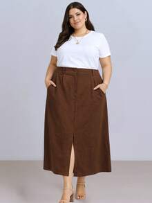 Women's Plus Size Midi Skirt With Front Slit, High Waist, Tailored, Sensual Style, Marrante - Rỉ Nâu - Xem 3