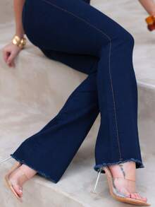 Women's Flare Jeans, High Waist, Country Style, Bell Bottom, Wide Leg, Lifts And Enhances The Butt, Lycra, Elastane - Rửa tối - Xem 7
