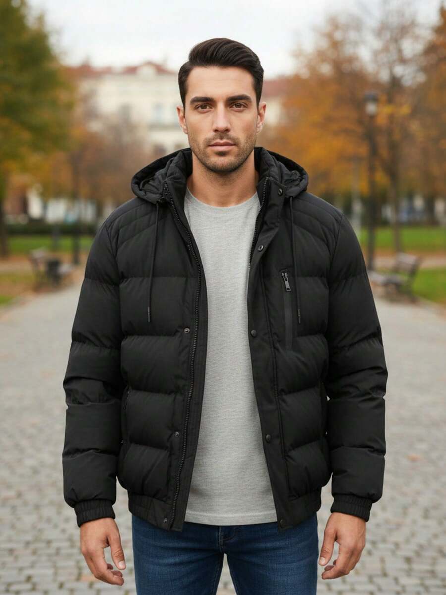 Jaqueta Bobojaco Masculina Puffer Com Capuz E Forro Pelucia - Preto - Visão 1