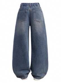Teen Girl High Waist Straight Loose Casual Jeans - Blue - View 3