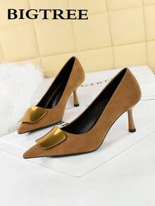 European & American Style Suede Pointed Toe Stiletto High Heel Dress Shoes, Women's Party/Work Pumps - Camel - View 2