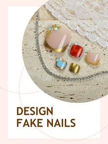 Trash Punk Gold Chrome Toe Nail Acrylic 24Pcs Leopard Print Short Square Press On Nails, DIY Art Gold Bead Accessories Decorative Fake Nails 3D, Suitable For Nail Salons, Women's Daily Wear, Holiday Parties, And Gifts - Multicolor - View 3