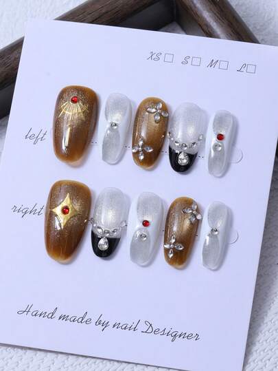 10pcs/Set Handmade Almond Shaped Nail Stickers In Y2K Brown French Style & Hand Painted Gradient Fine Glitter Cat Eye Print Red Diamond Drop Diamond Design Nail Decoration. 1 Piece Of Jelly Gel And 1 Piece Of Nail File. Perfect For Daily Life As Well As Coachella Music Festival Party Outfits, Press On Nails And Nail Care Products.