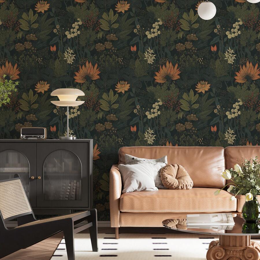 Dark, Botanical Peel-And-Stick Wallpaper, Textured Contact Film, Waterproof, Self-Adhesive Vinyl Wallpaper With A Line Pattern, Removable, For Cabinets/Countertops, Wall Coverings, Home Decoration, Wall Design, 45 X 300 Cm - RW807-3M - 查看 1