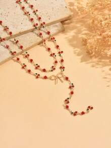 2pcs/Set Romantic Cherry Handmade Chain Bow Y-Necklace, Fashion Jewelry Gift For Women, Suitable For Daily Wear And Party, Handmade Chain Length Customizable - Multicolor - View 3