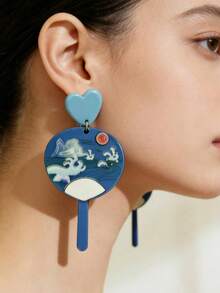 1 Pair Luxurious Fashionable Retro Hong Kong Style Creative Gold-Plated Fan-Shaped Minimalist Earrings, Delicate Geometric Asymmetrical Textured Design (Random Tie Dye Texture) - Multicolor - View 3