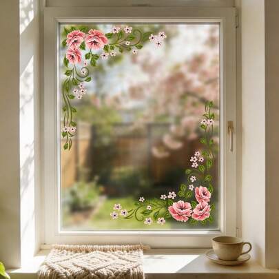 1/4 piezas Película adhesiva para ventana, película de adsorción electrostática. PVC removible e impermeable, con patrón floral colorido. Adecuado para pegatinas de espejo, decoración de dormitorio y del hogar, reutilizable.