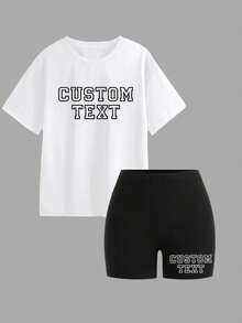Conjunto Personalizado de Top de Manga Curta com Decote Redondo e Shorts para Mulheres. Conjunto de Camiseta Personalizada e Shorts Esportivos, Presente Perfeito para Namorada, Também Adequado para Casais, Aniversário, Dia dos Namorados, Dia das Mães, Aniversário e Férias de Verão - Preto e Branco - Visão 3