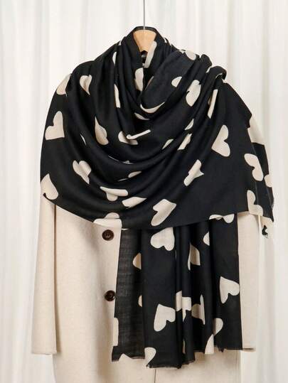 1pc Heart Print Lightweight Scarf/Shawl For Women, Sweet Style For Travel, Vacation, Sun Protection