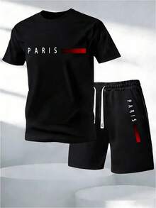 "PARIS" Lettering With Gradient Stripe Pattern 100 Percent Cotton Men's Printed Short-Sleeve T-Shirt Set, Men's Apparel, Men's Shorts Set, Men's Shorts, Men's Printed T-Shirt.Gras.Graphic T Shirts.Vintage T Shirts.Men 2 Piece Set.Conjunto Para Hombre - màu đen - Xem 1