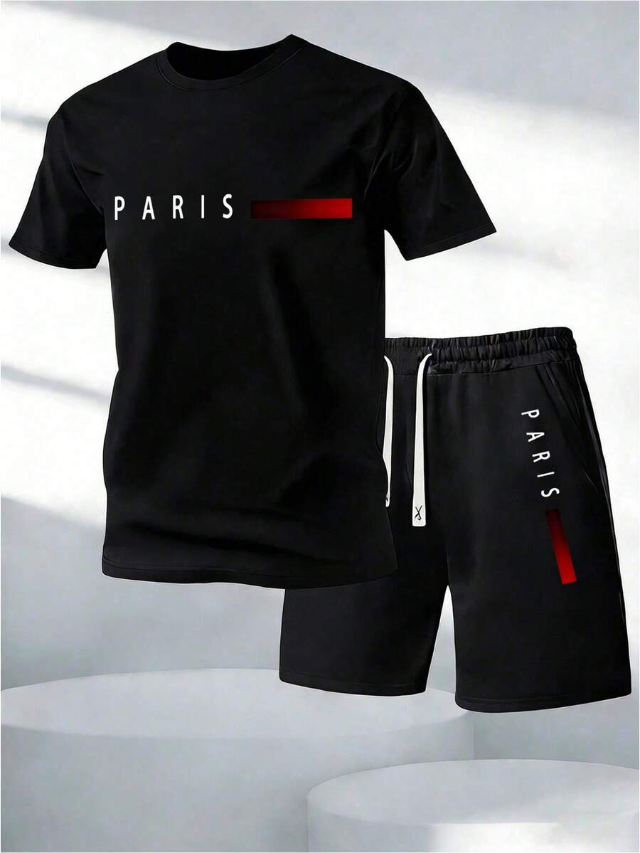 "PARIS" Lettering With Gradient Stripe Pattern 100 Percent Cotton Men's Printed Short-Sleeve T-Shirt Set, Men's Apparel, Men's Shorts Set, Men's Shorts, Men's Printed T-Shirt.Gras.Graphic T Shirts.Vintage T Shirts.Men 2 Piece Set.Conjunto Para Hombre - màu đen - Xem 1