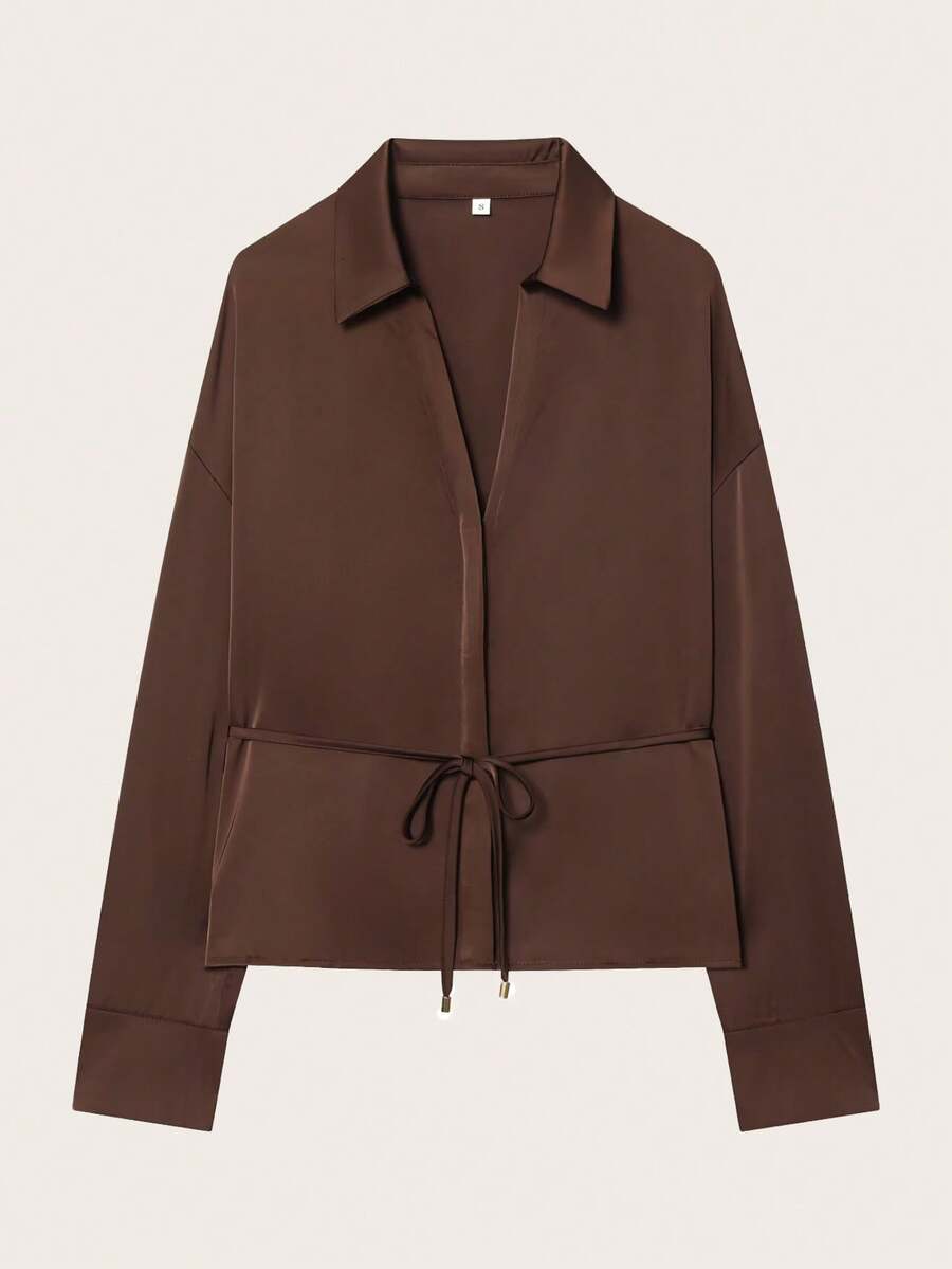 V-Neck Tie Satin Long Sleeve Shirt, Spring/Autumn - Coffee Brown - View 1