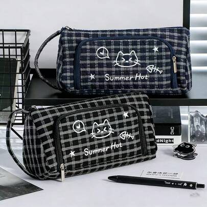 1pc Plaid Cat Design Pencil Case, Large Capacity Multi-Layer Stationery Storage Bag, Suitable For Students To Store Pens And Stationery At School