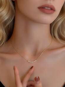 1pc Elegant Faux Pearl Decor Necklace, Stainless Steel Material, Long-Lasting Color - Gold - View 4