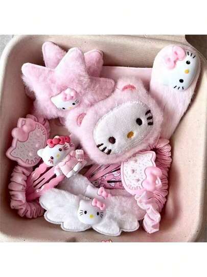 Sanrio Set de 15 piezas de pasadores de pelo rosa de Hello Kitty, pasadores de pelo con forma de boca de gato lindo, accesorios de pelo japoneses, regalo del Día de San Valentín, tocado de gato KT