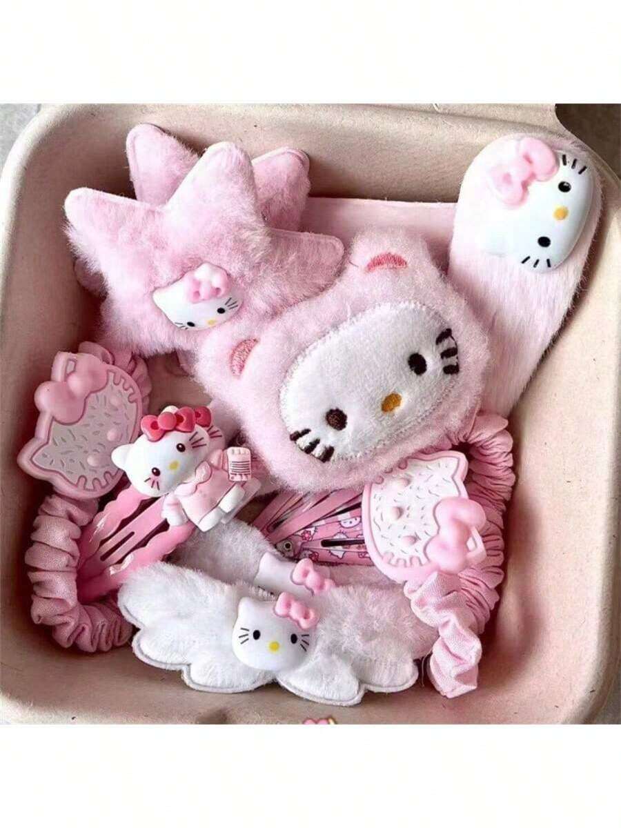Sanrio 15pcs/Set Hello Kitty Pink Hair Clips Set, Cute Plush Cat Mouth Hair Clips, Japanese Side Hair Accessories, Valentine's Day Gift, KT Cat Headwear - Cartoon - View 1