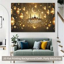 2D平面，单件装奢华摩洛哥宫殿背景布 - 精致的阿拉伯庭院场景，饰有拱门、灯笼和绿植 - 采用耐用涤纶面料制成，颜色包括孔雀石绿、蓝色、深紫色和红色 - 多色-3 - 查看 6