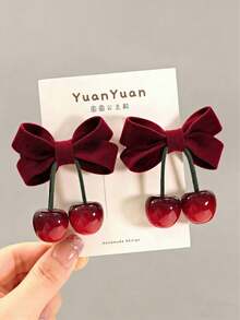 2pcs/Set Girls' Burgundy Cherry Hairclips, Vintage Sweet Bow Side Clips, Versatile Hair Accessories For Parties And Occasions - Multicolor - View 1