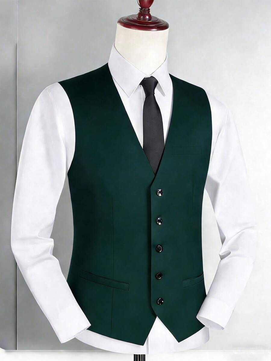 Men's Spring/Autumn Business Casual Single-Breasted Suit Vest - Dark Green - View 1