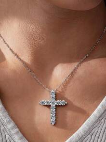 1pc 925 Sterling Silver Cross Moissanite Diamond Necklace, Luxury Wedding Engagement Necklace, Anniversary Gift For Women - Silver - View 4