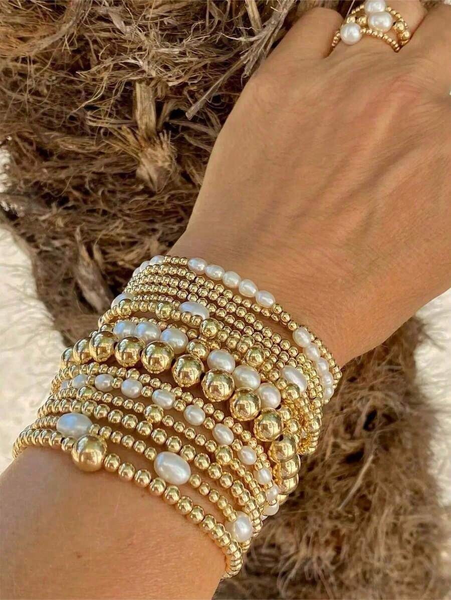 3/4/5/6/7/15pcs Set Of Stacked Gold Bracelets For Women And Girls, Mixed Bead Shaped Pearl Bracelet With Gold Plated Elastic Bead Ball Bracelet Set, Daily Surprise Gift Jewelry - 彩色 - 查看 1