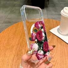 1pc Printed Red Rose Soft Edge Transparent Magnetic Phone Case, Anti-Oxidation And Non-Yellowing, Compatible With Apple 7, 8, XR, 11, 12 Pro, 13 Mini, 14 Plus, 15, 16, 17 Pro Max, Galaxy A05S, A15, A16, A25, A26, A36, A54, A56, S21 FE, S22 Plus, S23 Ultra, S24, S25 Plus, S26 Ultra - Clear - View 1