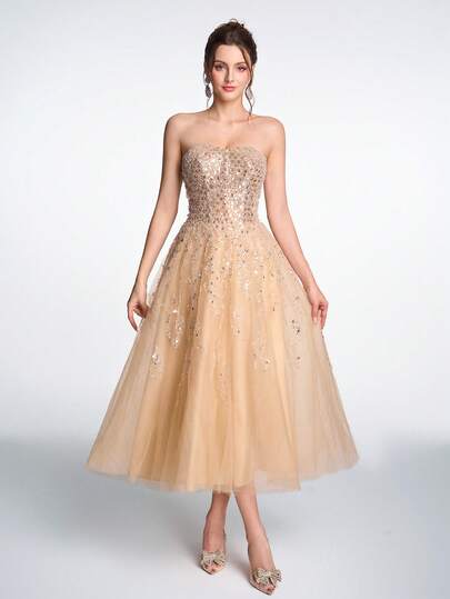 Anymoon Gold Luxury Lace Sequin Strapless Formal Evening Gown, Suitable For Wedding Guest, Prom, Birthday Party, Graduation Dance, Cocktail Party, Red Carpet Event, Corporate Party, Ramadan Celebration, Wedding Ceremony And Other Formal Occasions