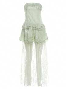 YeonC纯色派对高开衩至大腿蕾丝拼接褶皱蕾丝连衣裙 - 綠色 - 查看 10