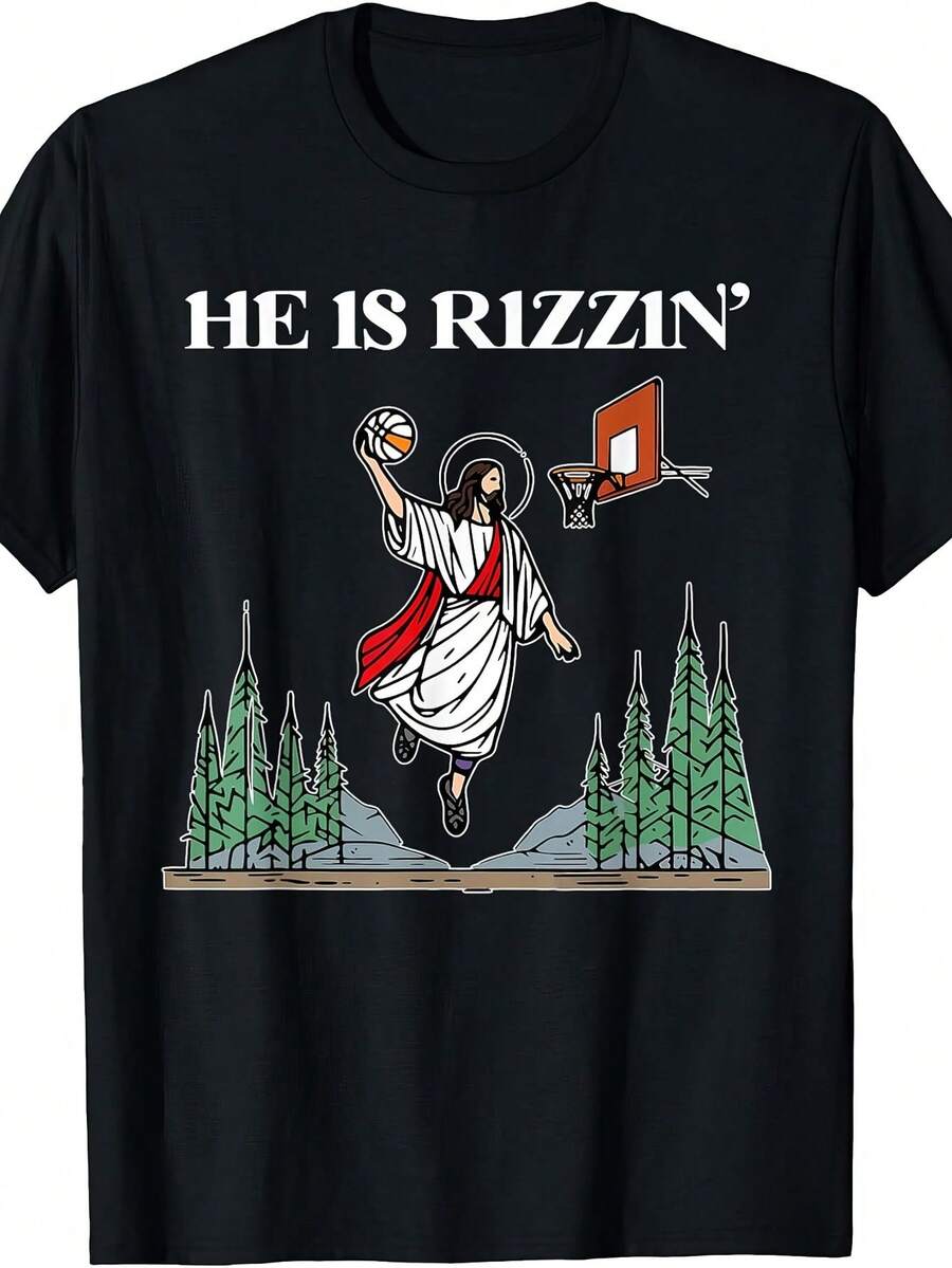 Christian Jesus Basketball Happy Easter He Is Rizzin' Funny T-Shirt - 黑色 - 查看 1