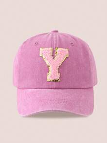1pc Pink Letter Printed Washed Baseball Cap, Unisex Sun Hat Suitable For Outdoor Activities And Daily Wear, UV Protection - Pink Gold Label - Pink Washable Cap - View 20