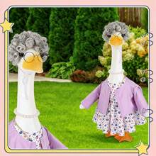 Old Lady Costume Outfit For Porch Goose Statue Glasses Curly Wig Floral Print Dress Cardign And Pearl Necklace Set - 5件 - 查看 3