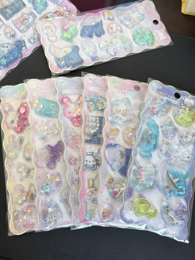 かわいいウサギ、子猫、ウォーターボトル、星グリッター 3Dシェイカーステッカー、楽しいステッカー交換 - マルチカラー - 見る 4