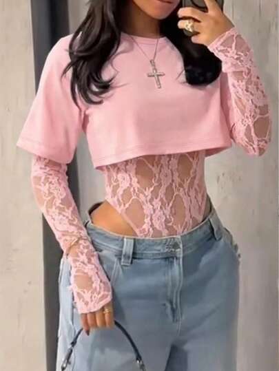 Blusa corta de mujer con mangas cortas y transparente de encaje sexy, body sexy de unicolor con parches de encaje transparente para uso diario, citas, fiestas de solteros, actuaciones en el escenario, primavera/verano