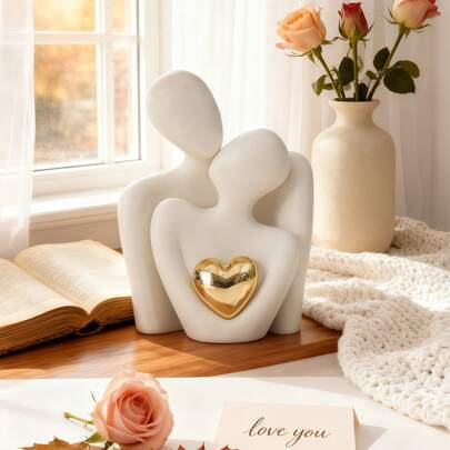 1 pieza Decoración de arte abstracto con forma de corazón chapada en oro, adorno de pareja abrazándose, adecuado para el hogar, dormitorio, oficina y espacios estudiantiles, regalo ideal para primavera, decoración navideña, almacenamiento, decoración de boda, decoración del hogar, almacenamiento de joyas, decoración de fiesta