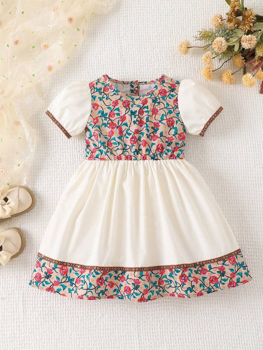 少女清新甜美时尚公主风数码印花拼接缎带泡泡袖连衣裙 - 杏色 - 查看 1