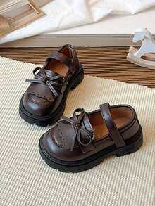 1 Par de Sapatos Infantis de Couro com Decote Baixo, Estilo Princesa, Mocassins com Laço, Sapatos Antiderrapantes para Crianças, Sapatos Vintage Mary Jane com Sola Macia, Sapatos Casuais Respiráveis, Versáteis para Primavera, Verão e Outono - Castanho - Ver 7