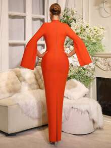 新款性感圆领披肩袖露背镂空重工串珠长款黑色礼服，女士婚礼派对正式晚礼服春季款 - 橘色 - 查看 10