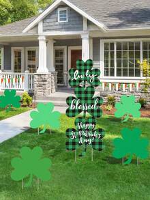 6件套圣帕特里克节户外庭院装饰牌，带金属支架，圣帕特里克节庭院装饰，圣帕特里克节三叶草装饰 - 多色 - 查看 5