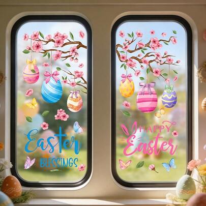 1/2 piezas Pegatinas de ventana de huevos de Pascua, calcomanías de ventana con diseño de arte decorativo de mariposas y flores acuarela, protección de privacidad removible y reutilizable, fácil de instalar, sin necesidad de pegamento, adecuado para decoración de baño, cocina y oficina