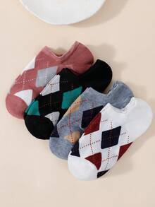 4 Pairs Women's Casual Versatile Argyle Thin Shallow Mouth Invisible Boat Socks, Suitable For Daily Wear, Summer - Multicolor - View 4