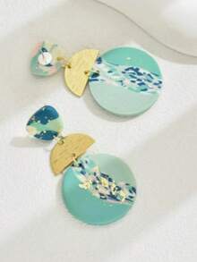 1 Pair Luxurious Fashionable Retro Hong Kong Style Creative Gold-Plated Fan-Shaped Minimalist Earrings, Delicate Geometric Asymmetrical Textured Design (Random Tie Dye Texture) - Multicolor - View 2