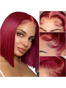 【16英寸酒红色波波头假发】优雅短款波波头蕾丝前假发，13x4透明蕾丝前假发，200%密度，短直波波头假发，真人发，预先拔毛，适合角色扮演和日常佩戴。时尚直短波波头假发，真人发，适合初学者，99J易戴假发，预先拔毛，预先剪裁，优雅日常及特殊场合发型，适合女性。8-16英寸酒红色直短波波头假发 - S99J - 查看 6