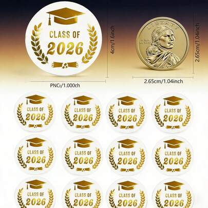 120张/10张 2026届毕业纪念贴纸 | 金色箔纸祝贺标签，多用途，可用于帽子、礼品袋、信封和毕业派对小礼物 | 光面聚乙烯材质，自带刺绣，动漫主题，非常适合装饰礼品袋、信封和毕业派对