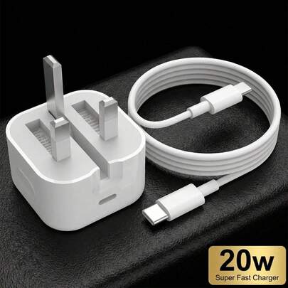 20W USB C UK Plug Fast Charger And 3.3ft/100cm USB C To Type-C Cable, Compatible With IPhone 17/17 Pro/17 Pro Max/16/15,