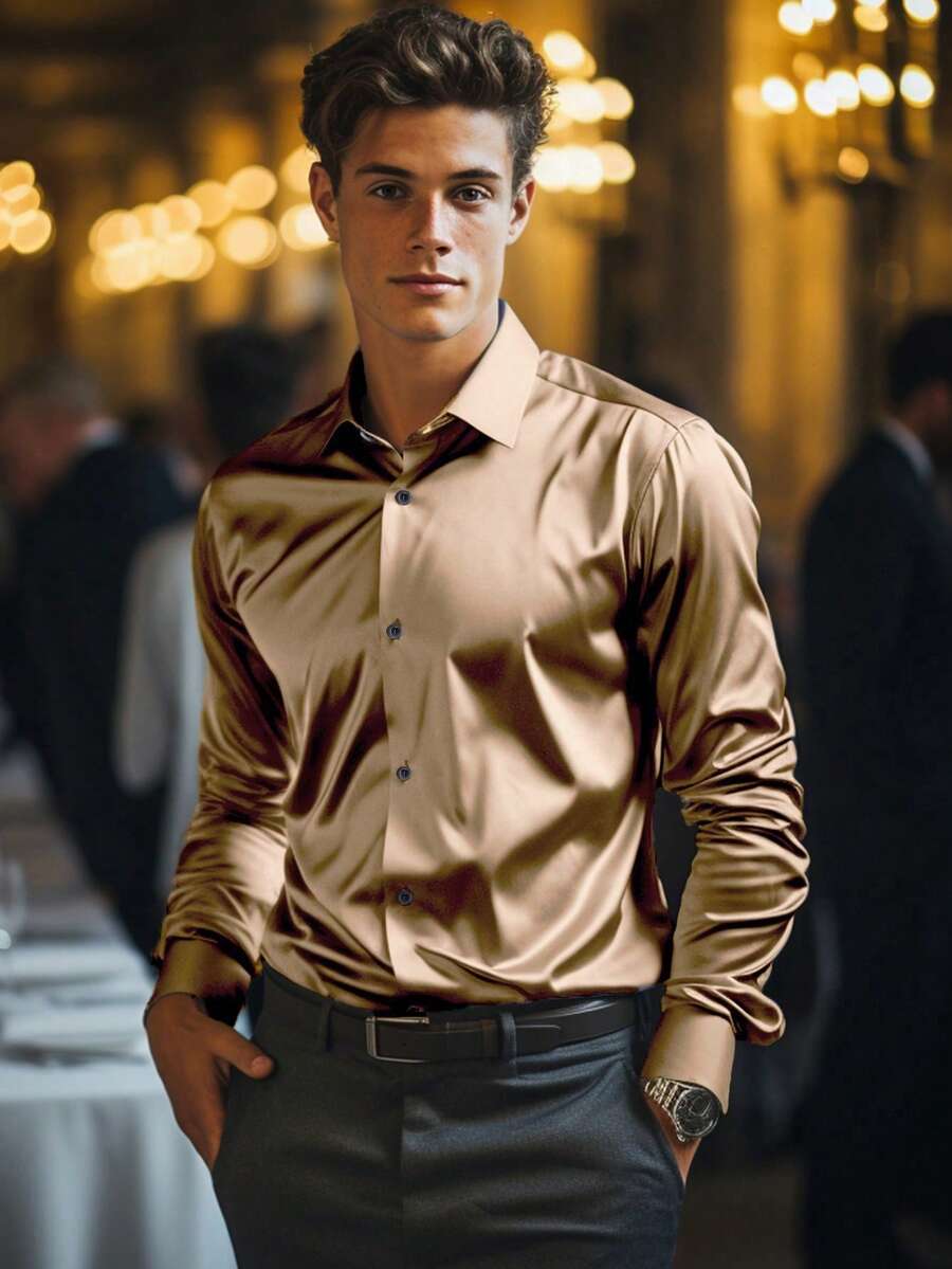 男士缎纹面料长袖正装衬衫，适合秋季 - 香檳色 - 查看 1