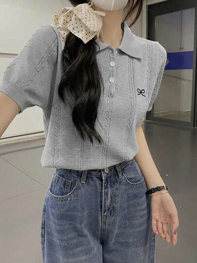 Summer Korean Style Polo Collar Cable Knit Butterfly Embroidery Short Sleeve Top