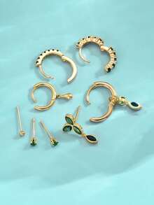 8 Piezas Conjunto De Pendientes De Piedra Natural Y Circonia De Color Verde Fabuloso Adecuado Para El Uso Diario, Cita, Fiesta Y Trabajo De Mujeres - Amarillo Oro - Ver 3