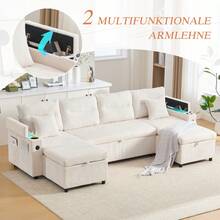 Modern 4-Personen-Samtsofa Mit Beidseitigen Chaiselongues, Integrated Stauraum, Getränkehaltern, USB-Anschlüssen Und Ausziehbarer Schlaffunktion – Style Für Jedes Wohnzimmer.Beige - Beige + Corduroy + Foam + 4 Seat - View 10